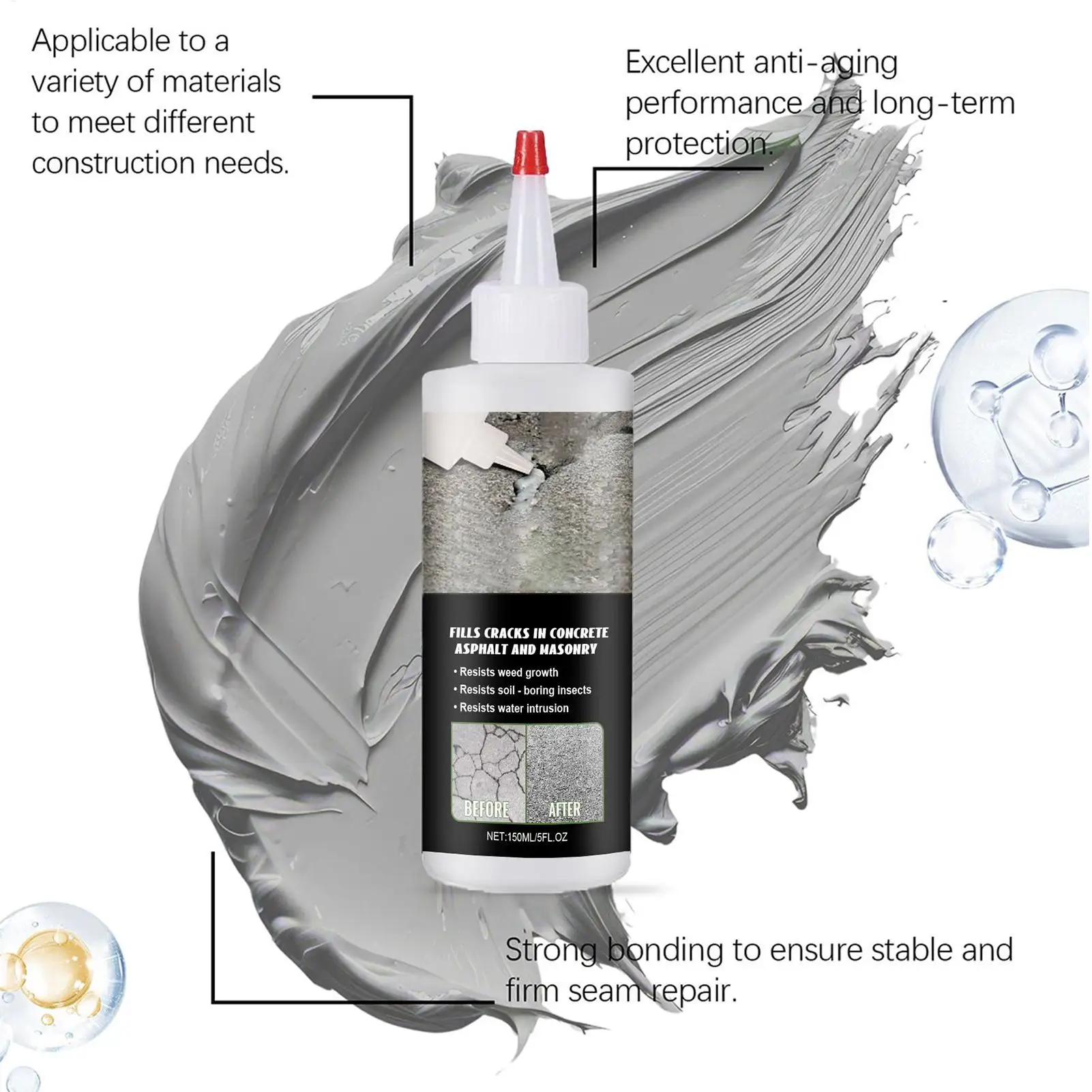 Asphalt Crack Filler 150ml Blacktop Driveway Sealant Waterproof Crack Repair for Concrete Asphalt Road Sidewalk Pothole Filler
