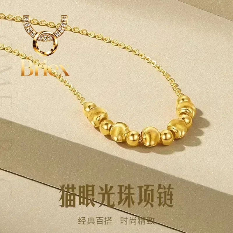 Briex Jewelry High quality pure gold womens necklace AU9999 real  24K  cats eye lamp beads fashion luck  girlfriend gift