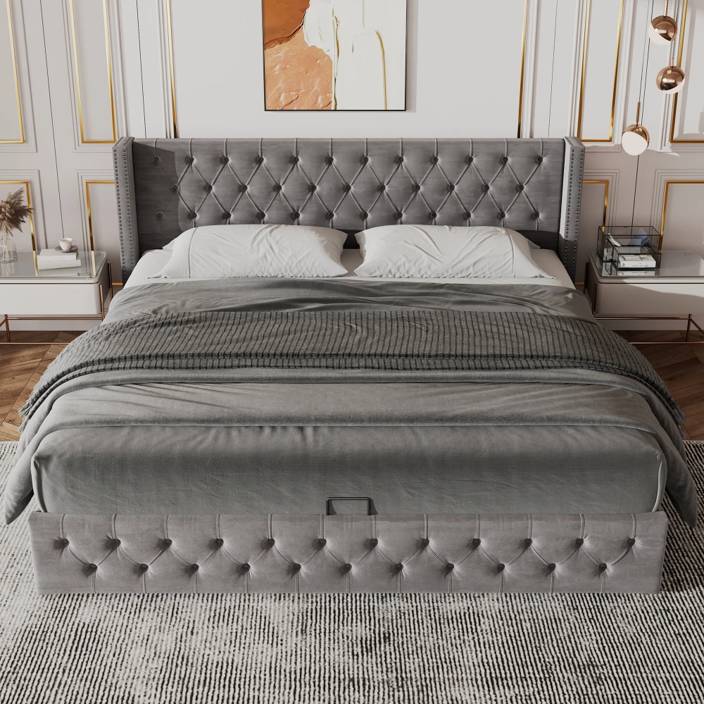 Gepolstertes Doppelbett aus schwarzem Samtflanell mit Nietenknopf und hydraulischem Stauraum (ohne Matratze), 160 x 200 cm oder 180 x 200 cm – Detail 10