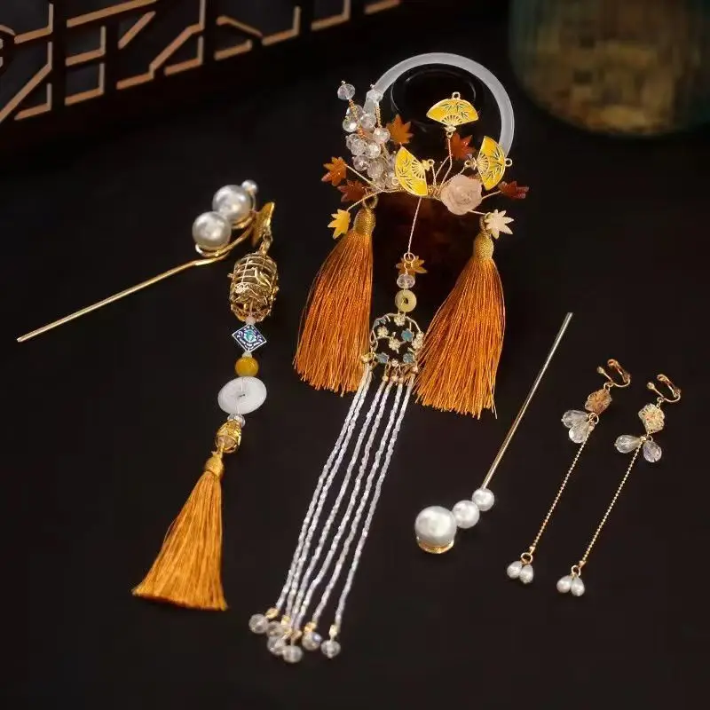 NiuShuya Vintage Chinese Style Xiuhe Dress Bride Hairpins Tassel Cheongsam Toast Dress Back Tassel Hairpin Set