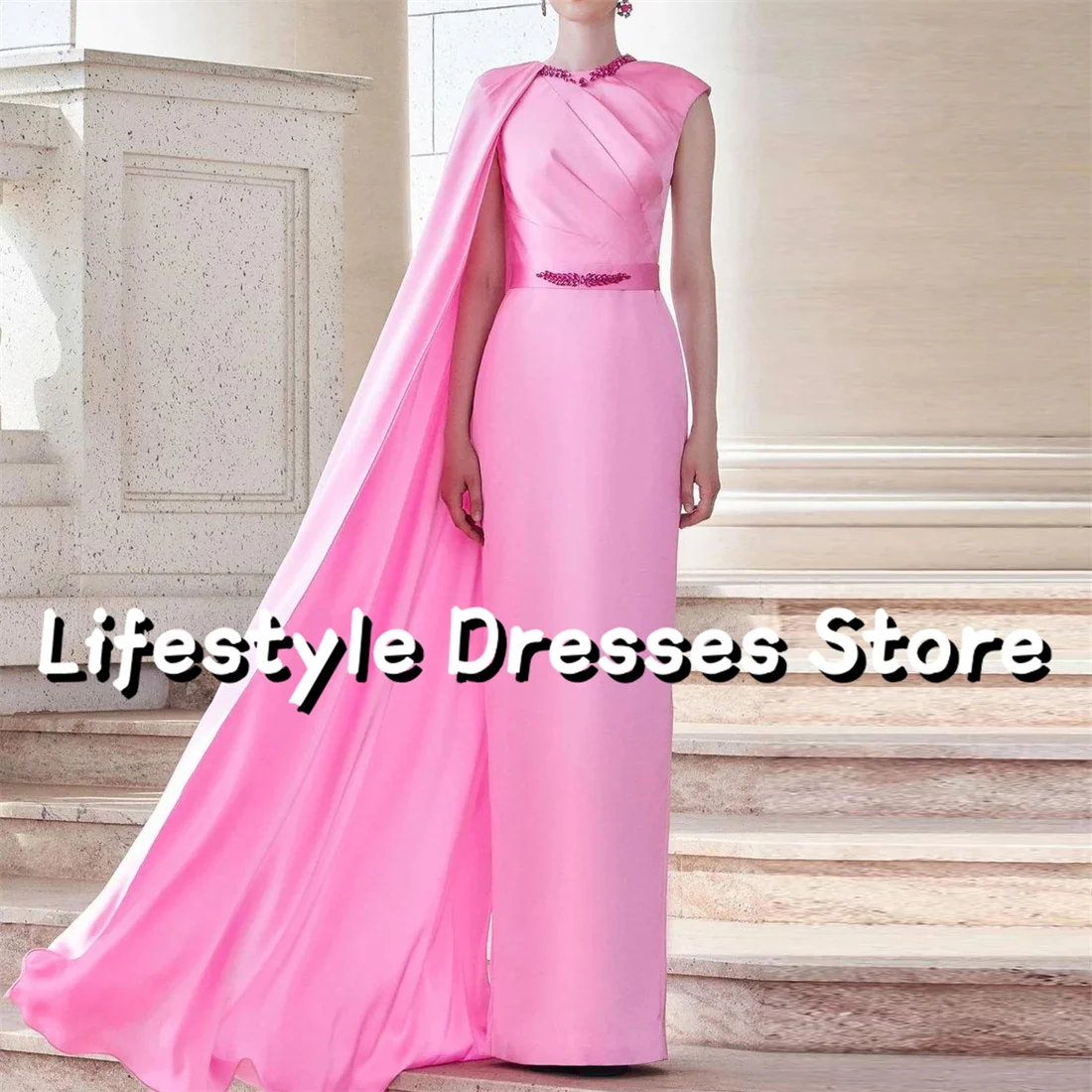 

Pink Smooth Satin Beaded Prom Dress With Cape Gorgeous Women's Long Evening Dresses 2024 Formal Gown