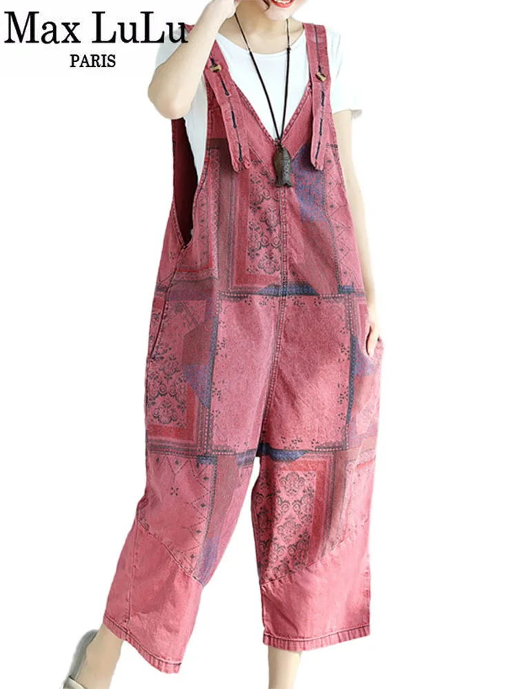 Max LuLu Summer British Designer Womens Vintage Printed Overalls Ladies Patchwork Loose Denim Pantalons Female Oversized Pants