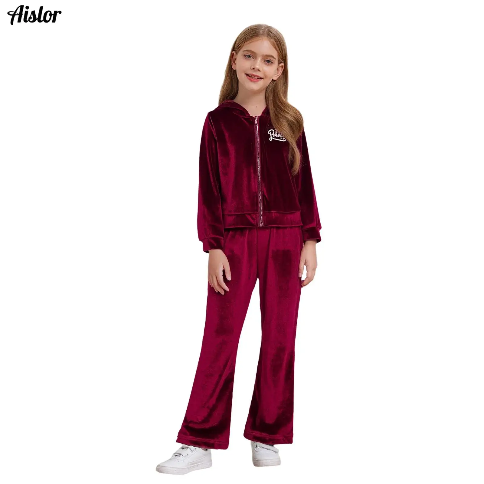 

Kids Girls 2-Piece Velvet Outfits Autumn Casual Clothes Long Sleeve Metallic Letters Zip-Up Hooded Jacket with Flared Pants Set