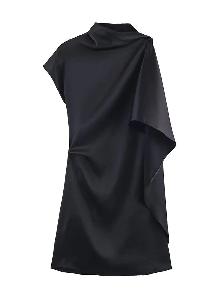 HH Women 2026 Letnia Nowa Kolekcja Asymetryczna Sukienka z Wycięciami Krótka Plisowana Sukienka Damska z Wysokim Kołnierzem Bez Rękawów Seksowna Dopasowana Sukienka