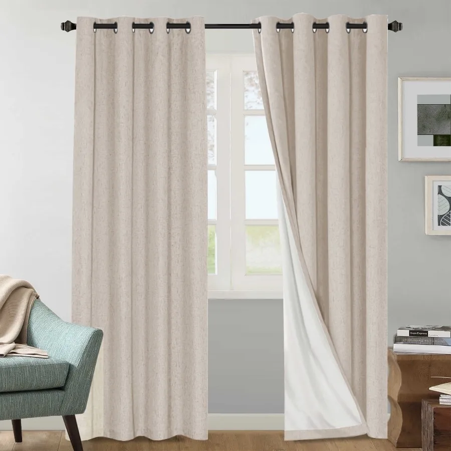

Linen Blackout Curtain for Bedroom Living Room 84 Inch Long Curtain Set of 2 Panels Thermal Grommet Blackout Drape Room Darkeni