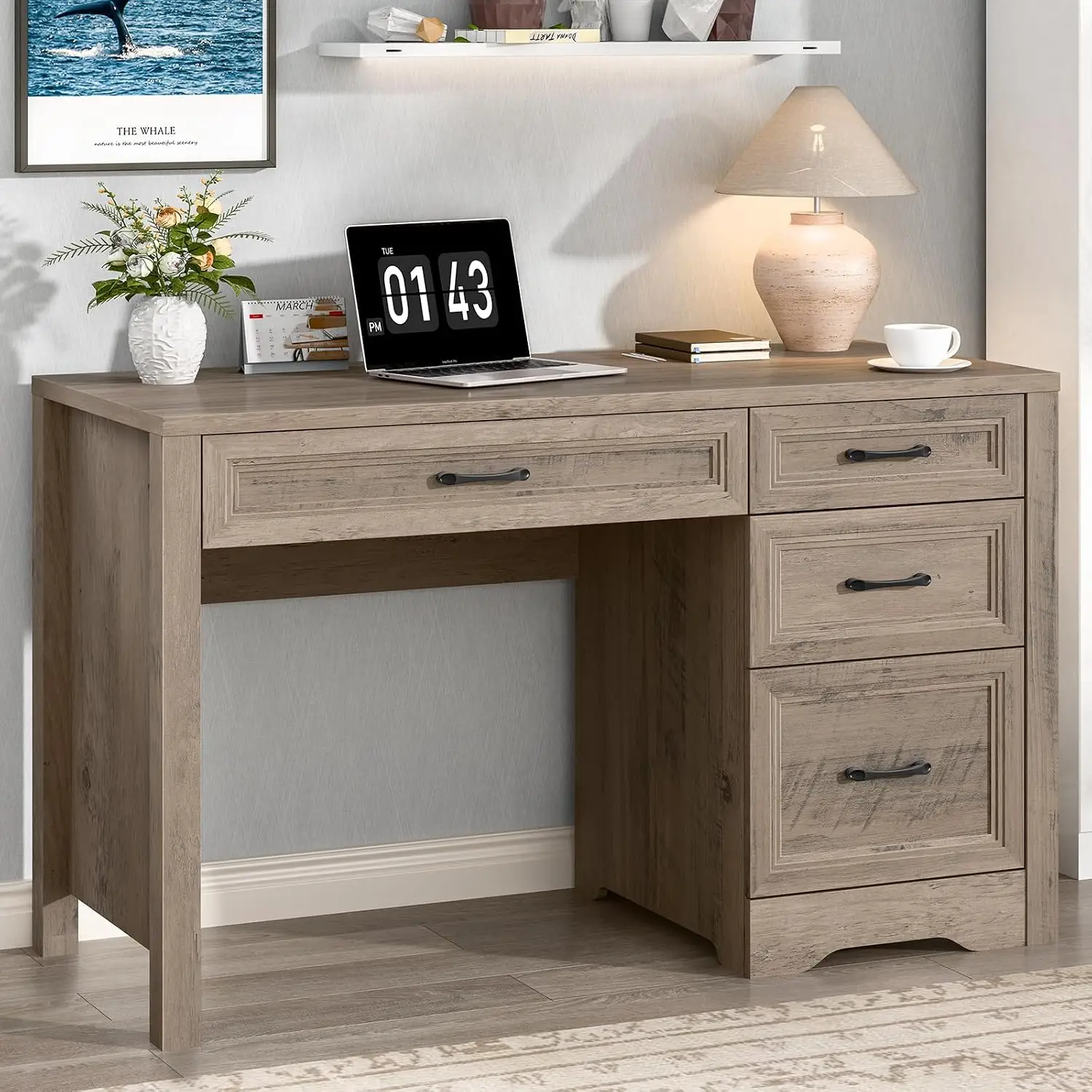 Farmhouse Executive Desk with Storage & File Drawer, Rustic Home Writing Desk for Bedroom, Grey, Customized
