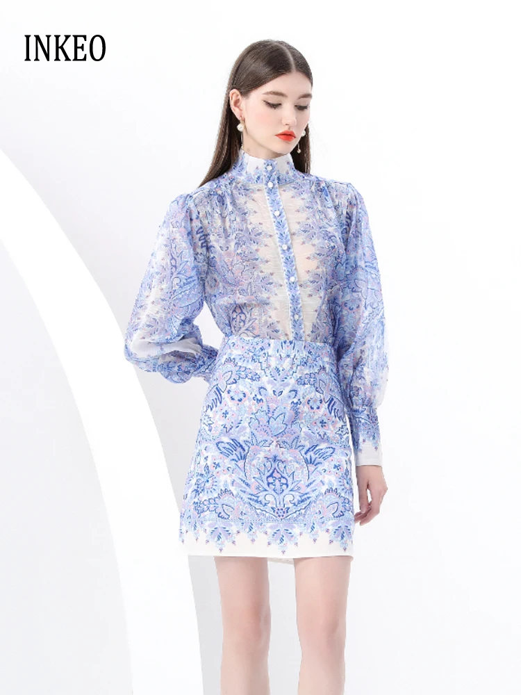 

Stylish women's Printed 2 piece set 2025 New Courtly style long sleeve blouse tops and mini skirt Ladies set club INKEO 5D151
