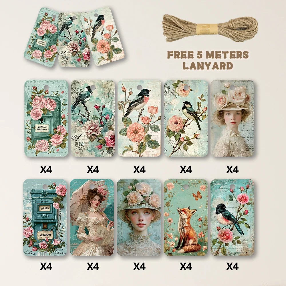 40pcs, Gift Tags, Vintage European Floral Girl, Hanging Paper Labels for Gift Wrapping, Holiday Party Decor with String