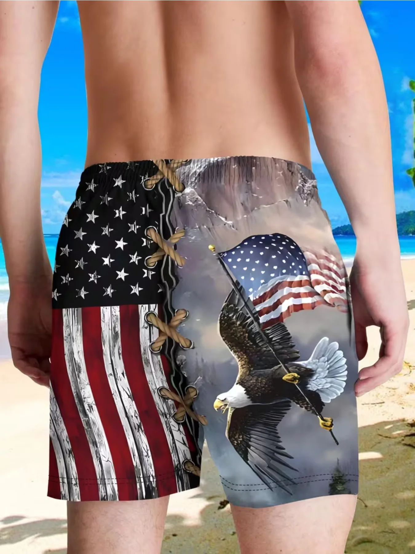Summer Men's Stars and Stripes Patriotic American Bald Eagle Seagull Printed Hawaiian Beach Shorts for Seaside Vacation on Indep
