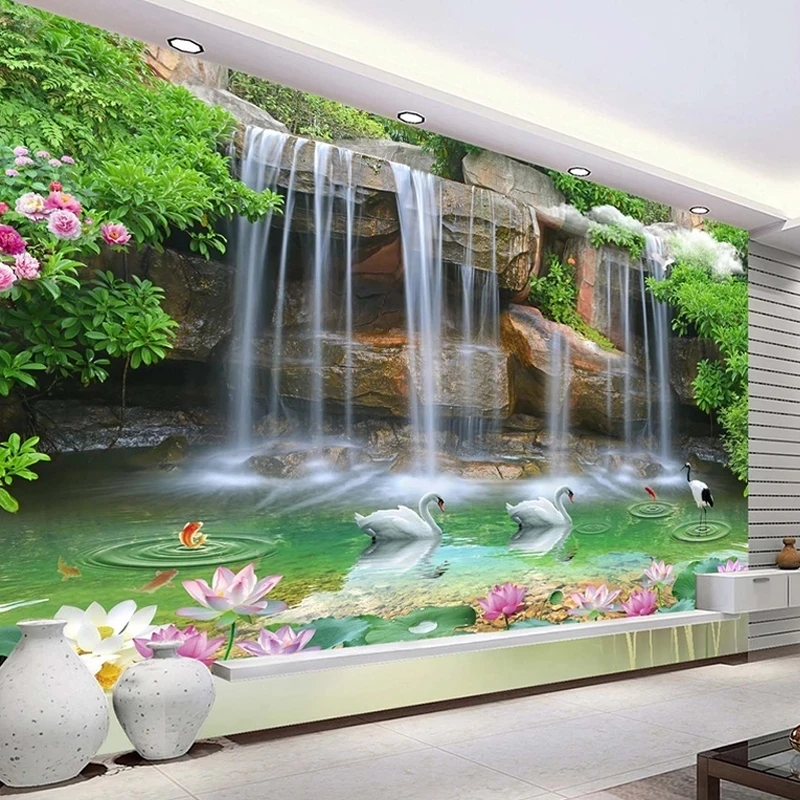 Custom 3D Waterfall Landscape Wallpaper Bedroom Living room sofa TV background wall restaurant Lotus swan fish crane Hotel study