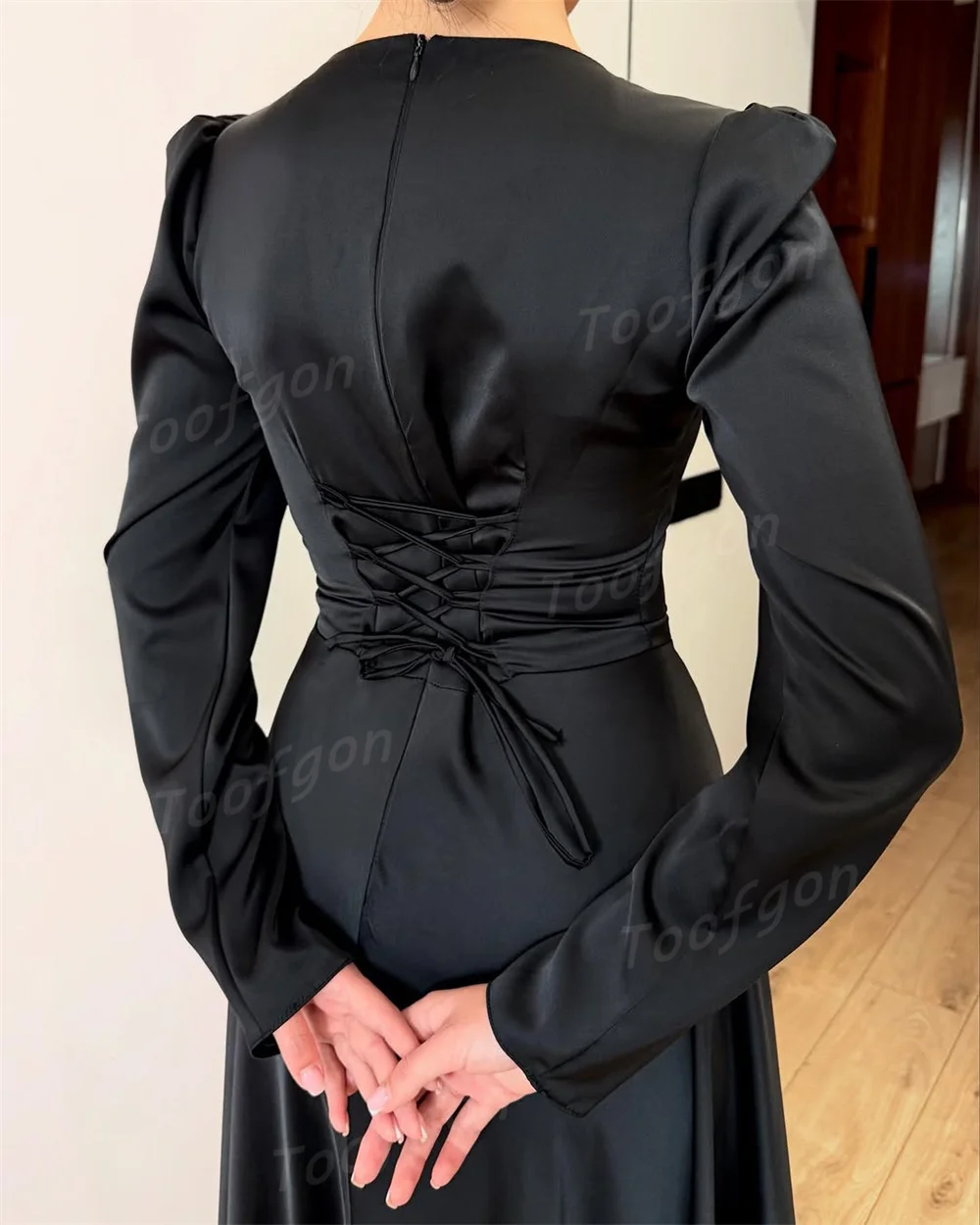 Toofgon สแควร์คอยาวแขนยาวชุดราตรีที่กําหนดเอง A-Line ผ้าไหมซาตินอย่างเป็นทางการชุดพรหมรัดตัวชุดพิเศษ