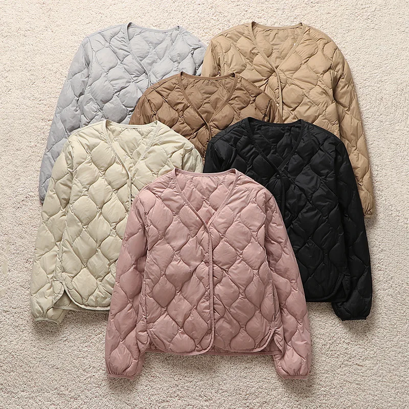 Autumn Winter Women V Neck Plaid Down Jacket Warm Light Thin White Duck Down Coat Parkas Female Short Bigsize Puffer Outwears