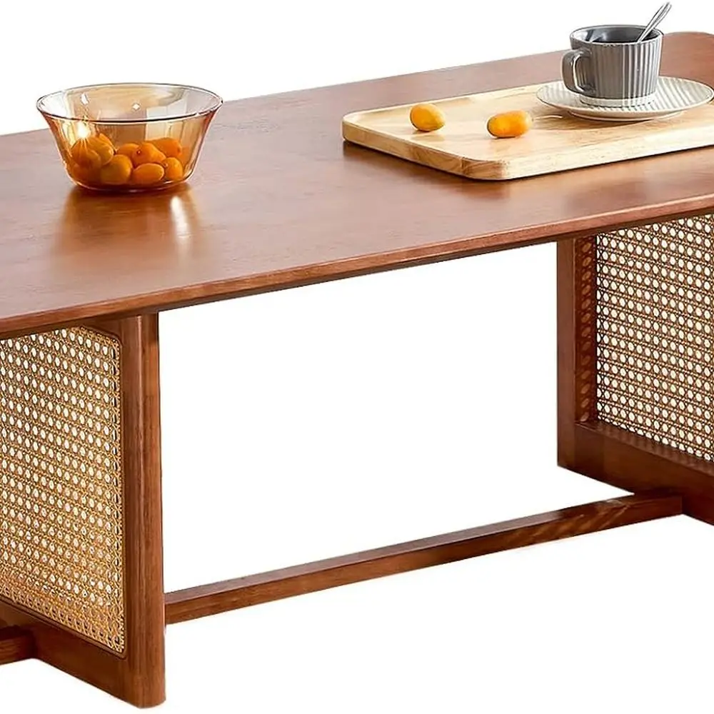

Walnut Modern Rattan-Style Rectangular Solid Wood Coffee Table for Small Living Spaces