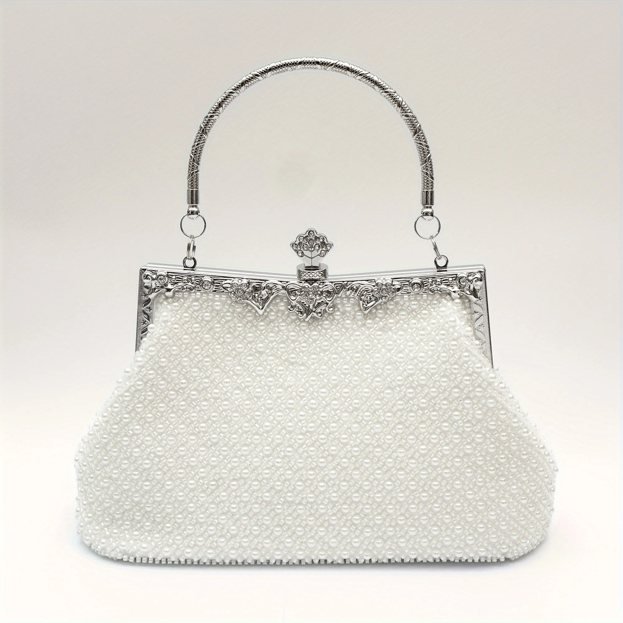 

Retro Chic Beaded Evening Clutch - Timeless Solid Color Handle Design - Perfect for Prom, Wedding & Banquet Glam - Secure Clasp