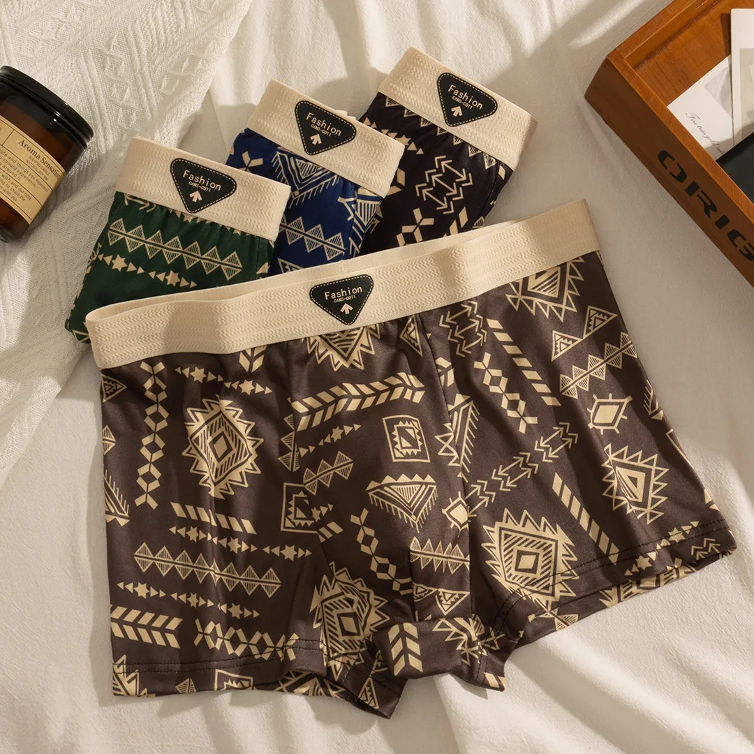 Men's Boxer Retro Ethnic Style Comfortable Smooth Fabric Briefs Vintage Print Elastic Underwear for Man Lingerie Flat Underpants