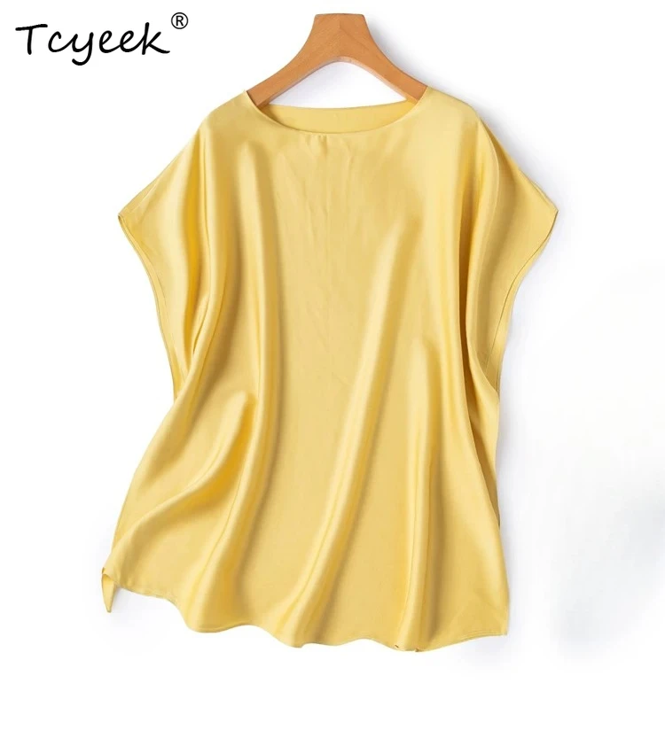 

Tcyeek 93% Mulberry Silk Elegant T-shirts for Women Fashion Womens Tops 19MM Silk Summer Clothes Blouse Loose Fit Топ Женский