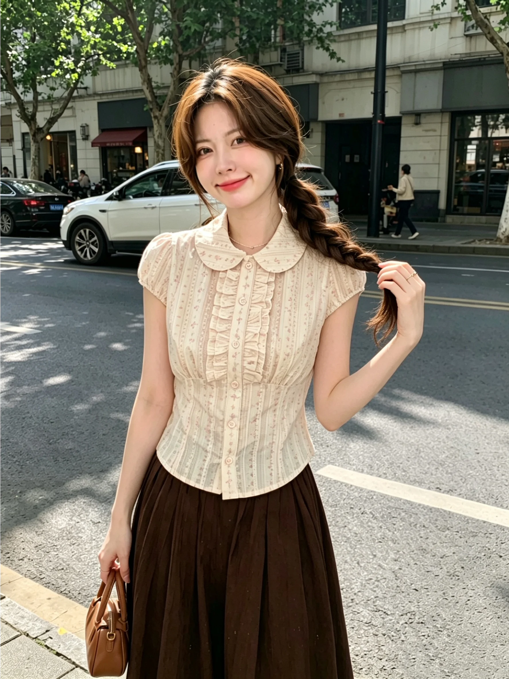 

Summer New Style Women's Short Sleeve Shirt Waist Cinching Doll Collar Earlet Lace Trim Floral Print Slimming Ageless Top