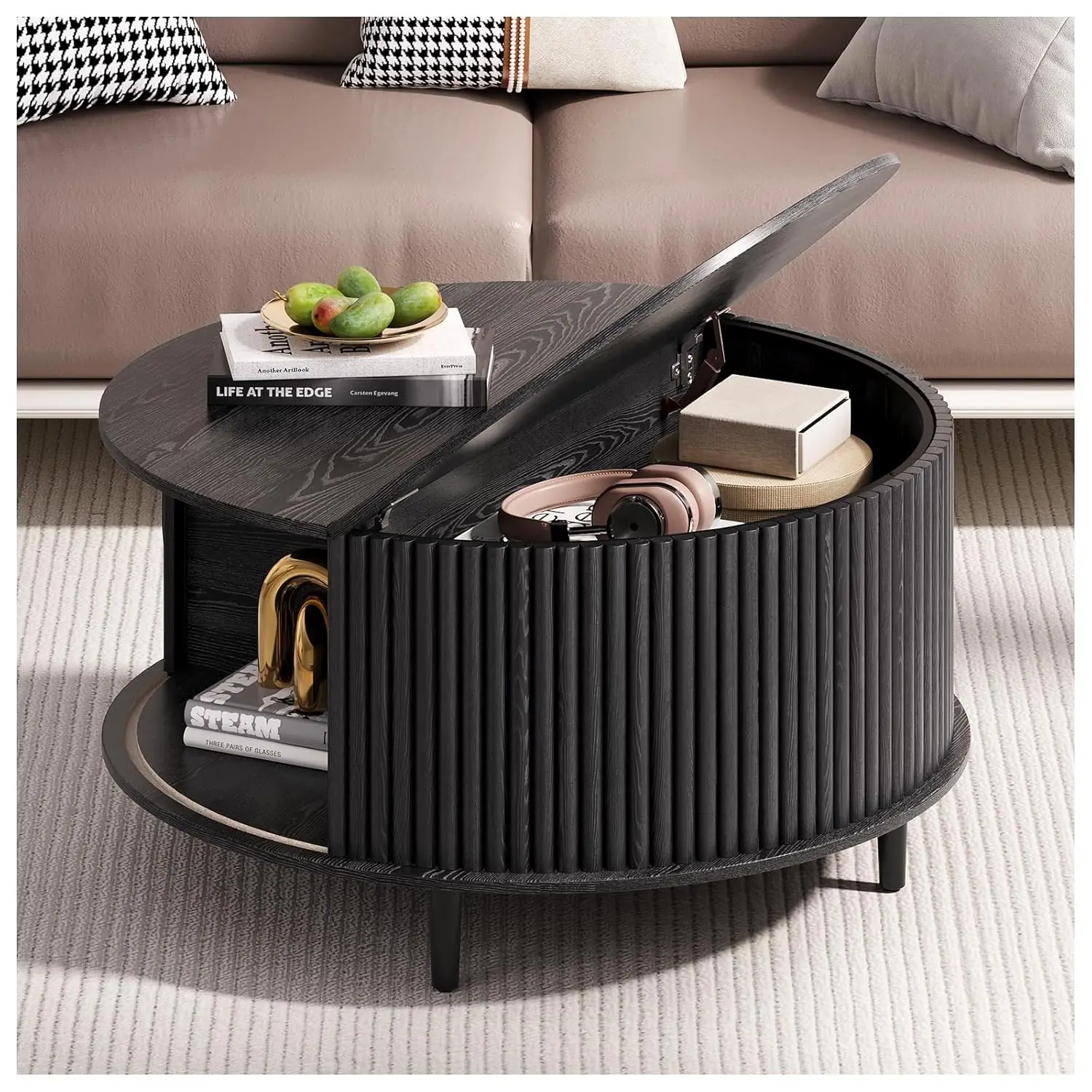 

Round Coffee Table With Storage, 31.5" Modern Coffee Table With Sliding Door & Solid Wood Legs, Minimalist Fluted C