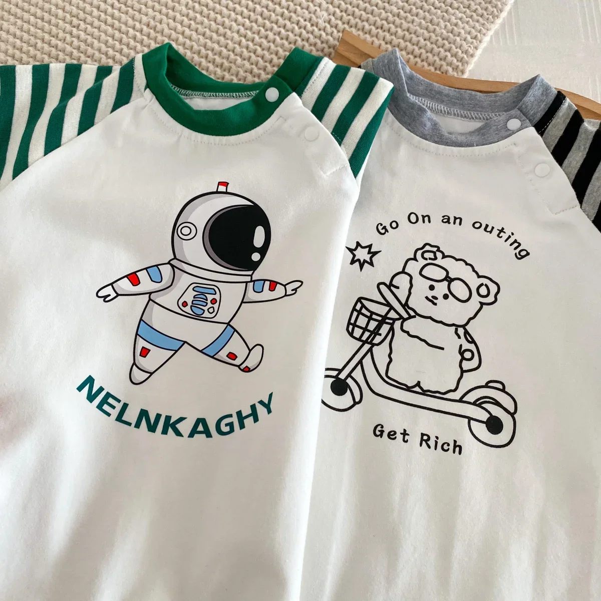 2023 baby autumn clothes Newborn Baby Boys Striped Patchwork Cartoon Astronaut Print Jumpsuit Toddler Kids Cotton Romper New