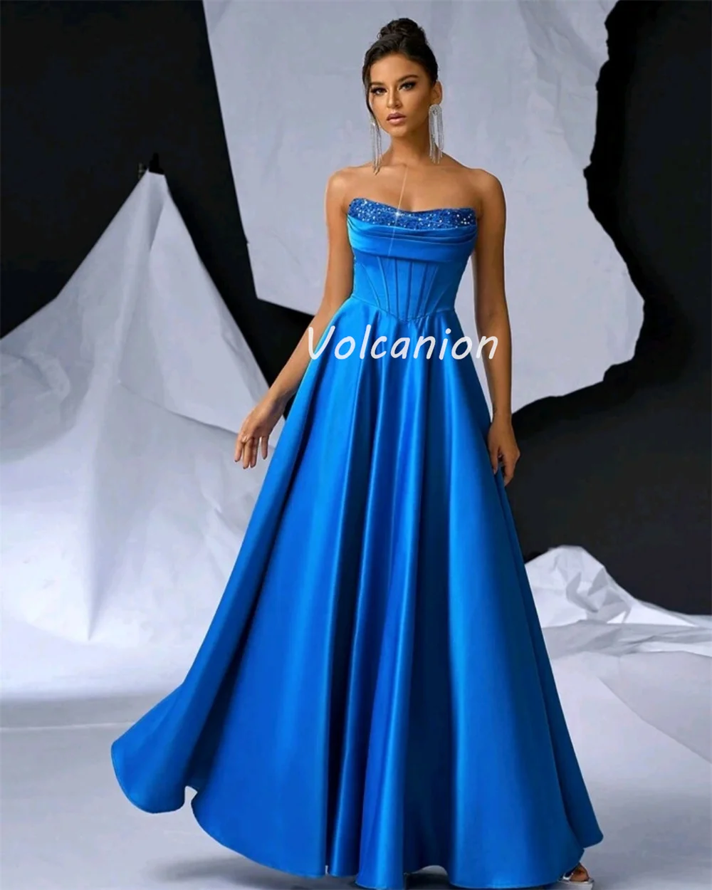Customized High Quality Exquisite Charmeuse Sequined Pleat A-line Strapless Long Dresses Bespoke Occasion Dresses Fashion Sexy