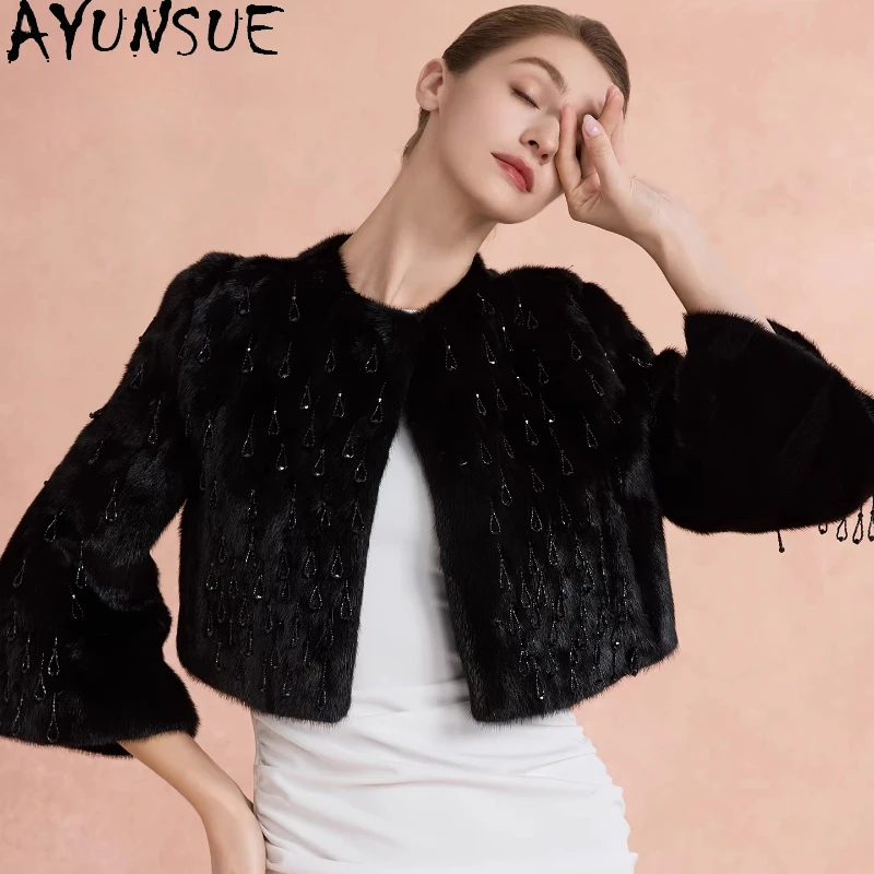 

AYUNSUE Real Fur Coats for Woman Short Outerwears Winter Fur Jacket Elegant Black Fur Coat Woman Clothes Stylish Manteau Femme