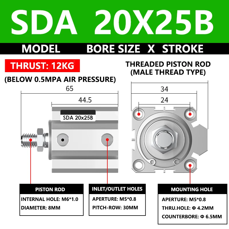 ABILKEEN SDA20X25B SDA Series Thin Air Cylinder 20MM Male Thread Bore X 25MM Stroke Double Acting Pneumatic Compact Cylinder
