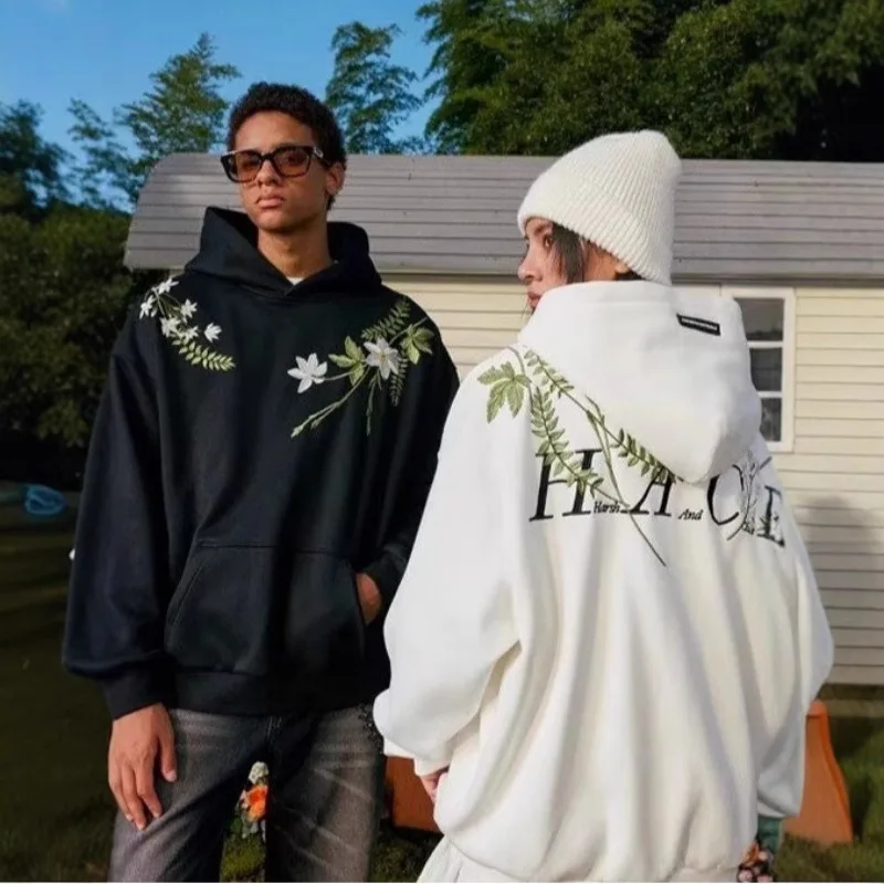 

2025 spring and autumn American high street embroidered floral hooded sweatshirt for men and women loose teen lazy style tops