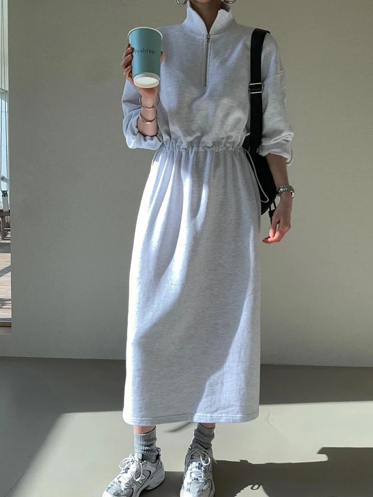 Fashionable Long Sleeve Hoodie Dress Women's High Waist Drawstring Zipper Design Casual A-Line Long Dress Korean Style
