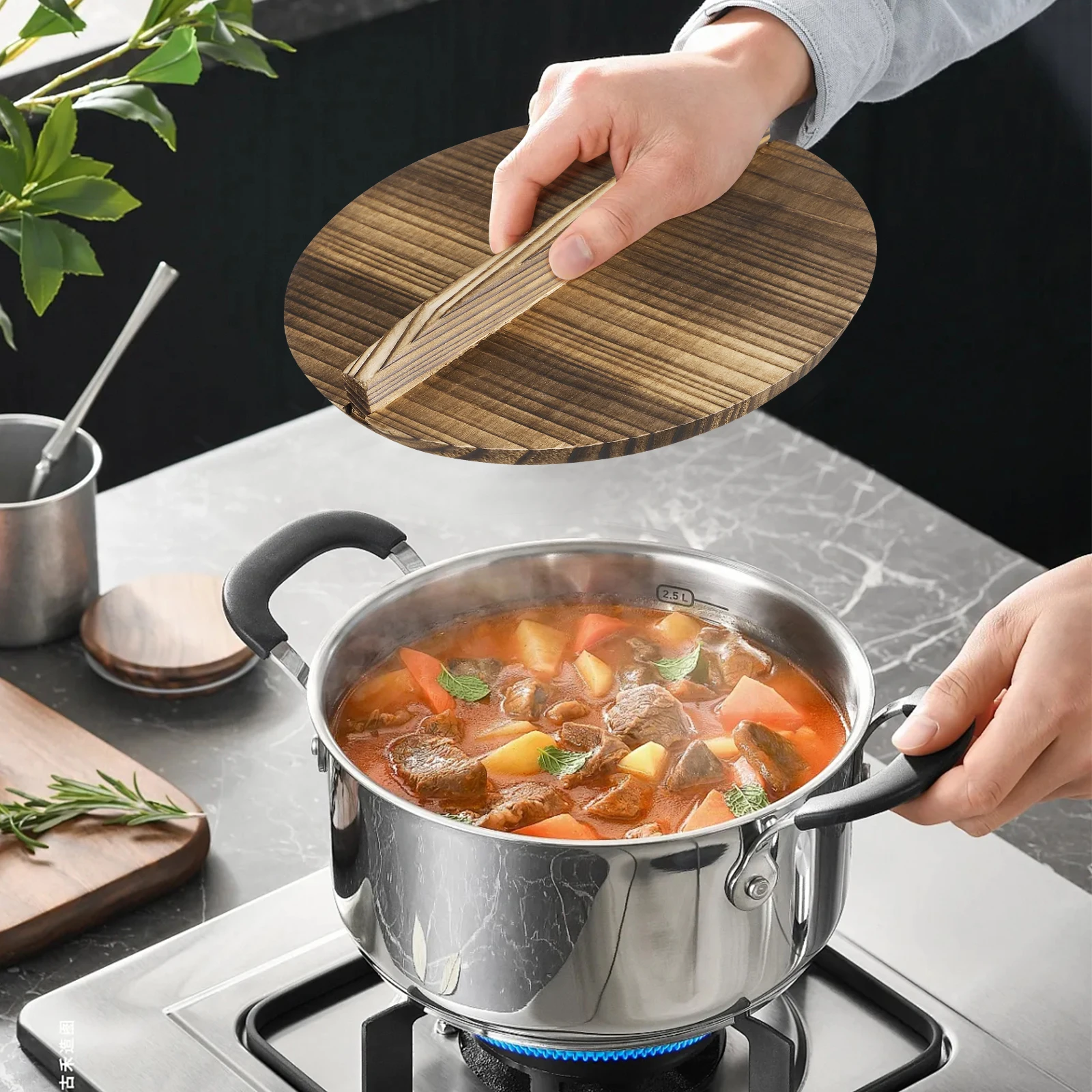 

Anti-Overflow Cover 24Cm Wooden Pot Lid For Cast Iron Wok Natural Wood Reusable Kitchen Tool Retro Wok Cover Anti-Scalding