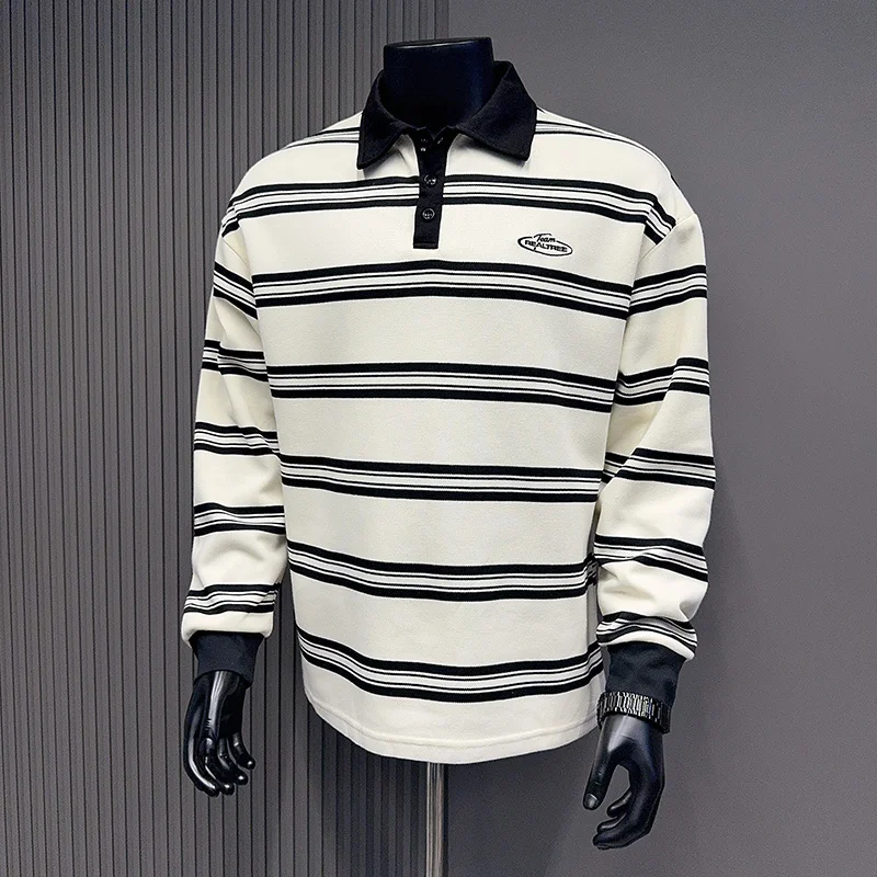

Retro Striped Silhouette Long Sleeved Polo Shirt t shirt Men Women Loose Dropped Shoulder Black White Underwear Sweatshirts