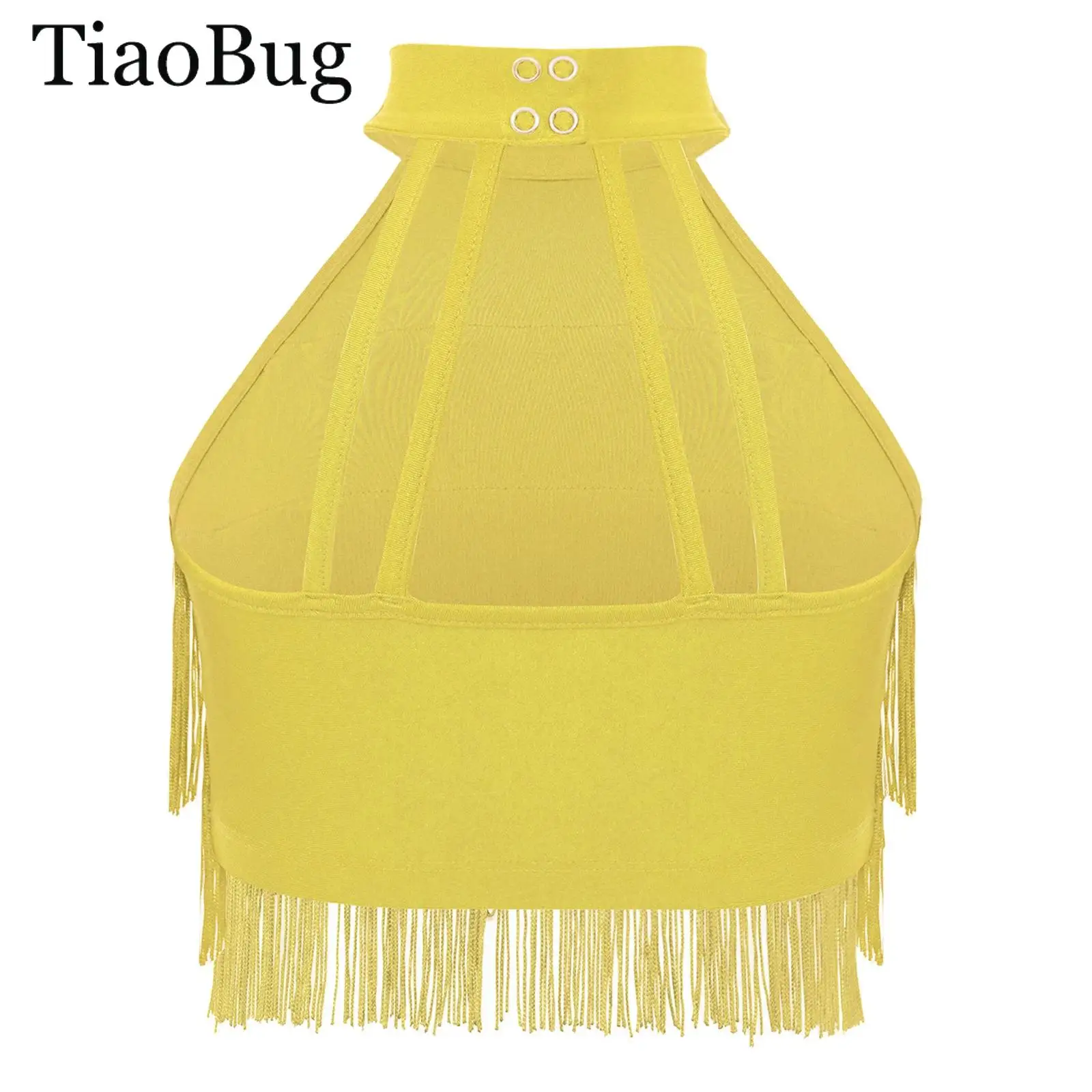 

Kids Girls Salsa Rumba Samba Performance Costume Latin Dance Crop Tops Sleeveless Strappy Back Tassels Vest Camisole Dancewear
