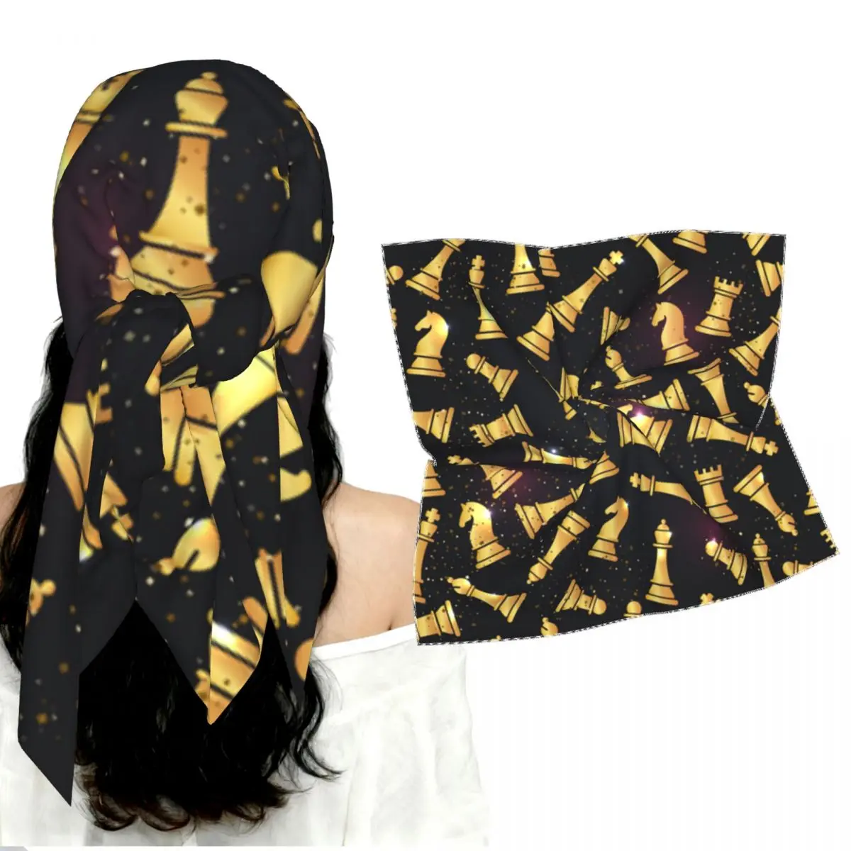 Smooth Imitation Silk Square Scarf Golden Chess Pieces Women Multi-functional Head Wrap Neck Scarf Bandana Gift