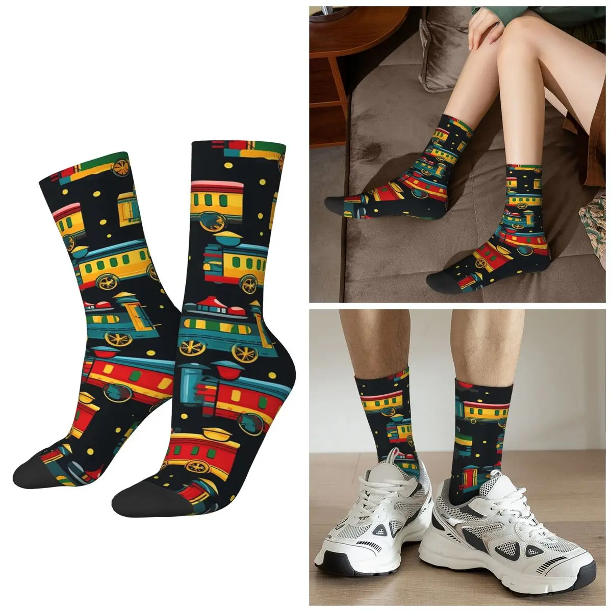 All Seasons Cartoon Train Models Display Design Socks Harajuku Crew Socks Casual Stockings for Men Women Valentine's Day Gifts