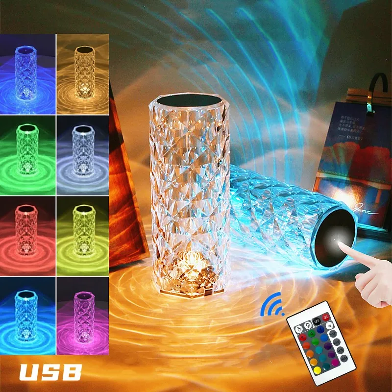 Diamond Rose LED Crystal Table Lamp 3/16 Colors Dimmable Touch USB Projector Lamp Atmosphere Bedroom Bedside Decor Night Lights