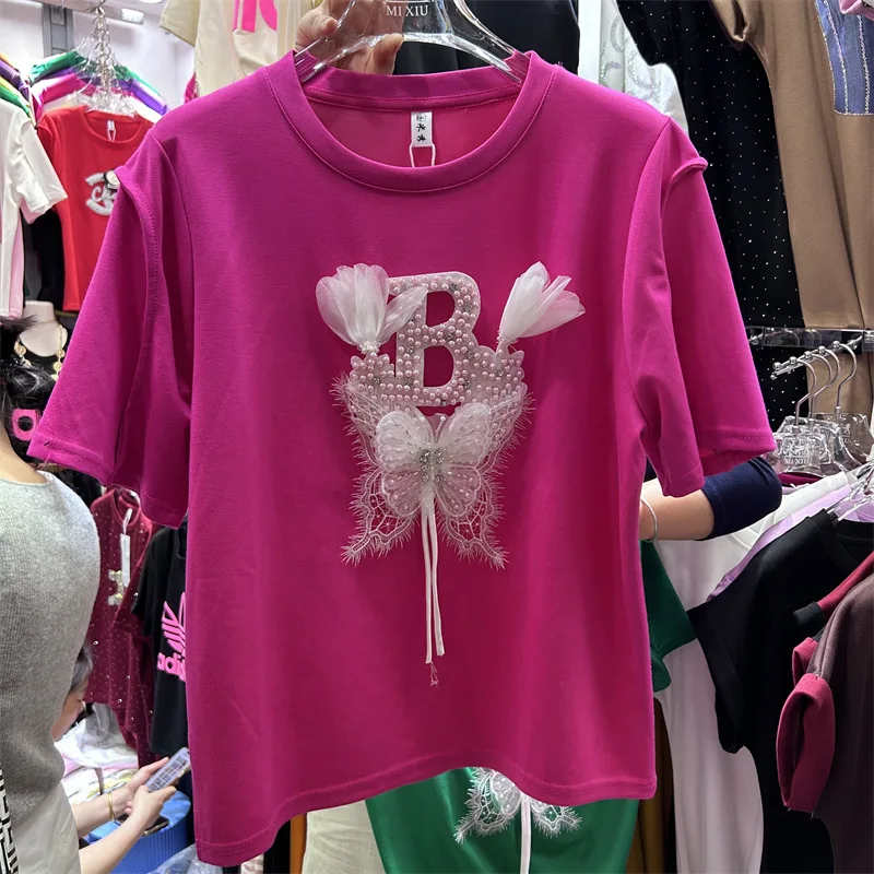 Hot Chick New Spring Summer Short Sleeve Women T-shirt All-match Fashionable Round Neck Pullover Top Letters Beads Cotton Tees