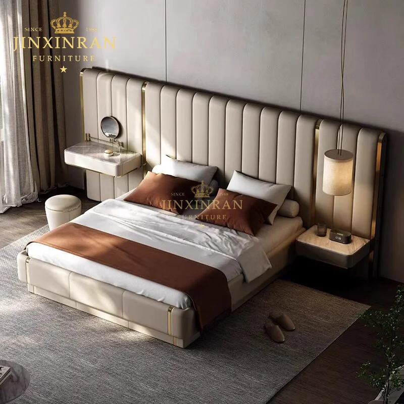 Custom Luxury Top Grain Leather Channeled Headboard Gold Belt Frame Floating Nightstand Solid Wood High Density Foam Bedroom Bed