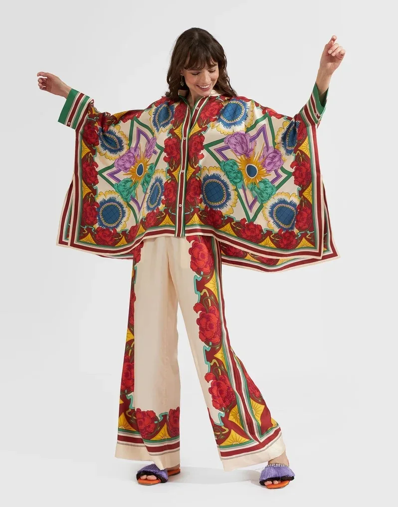 Women\'s Irregular Geometric Print Suit Long-sleeved V-neck Single-breasted Top Casual Wide-leg Pants Suit Stylish Two-piece Suit