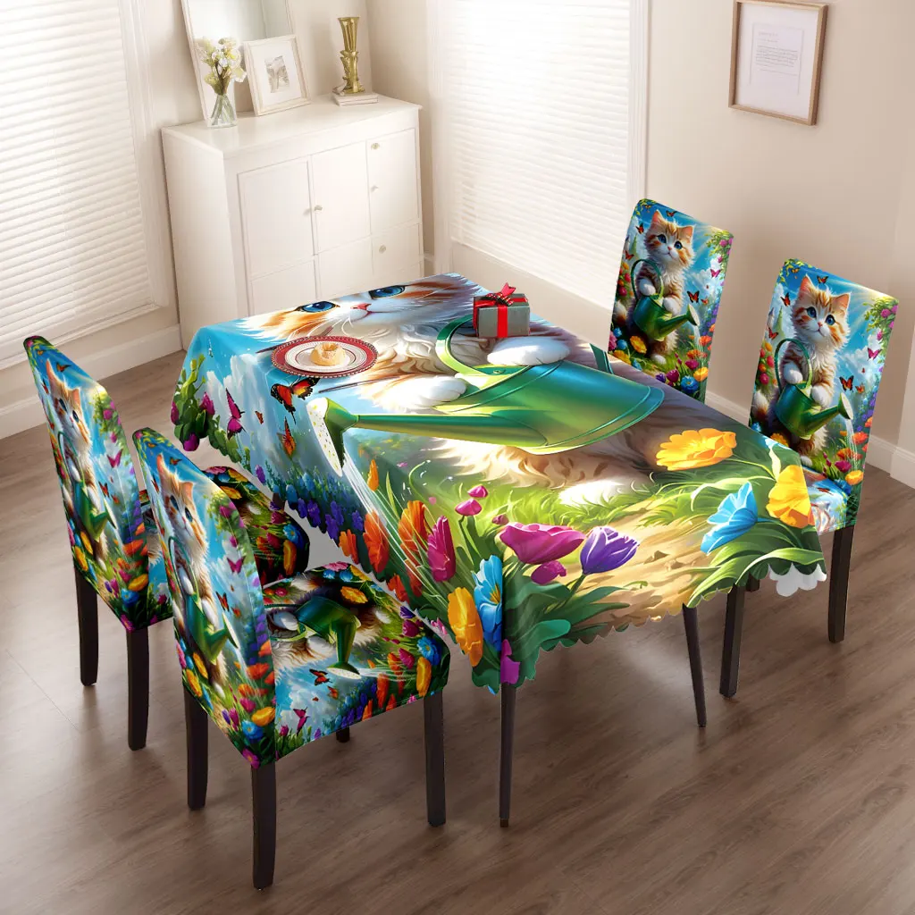 

5/7pcs Spring Floral Cat Tablecloth Chair Cover Set Waterproof Wrinkle Resistant Home Decor