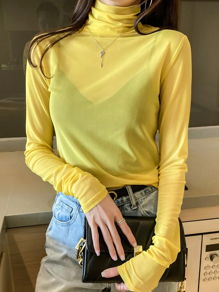 Women Mesh See-Through Tshirt Girl Turtleneck Plain Color Top Transparent Long Sleeve Tee T-Shirt