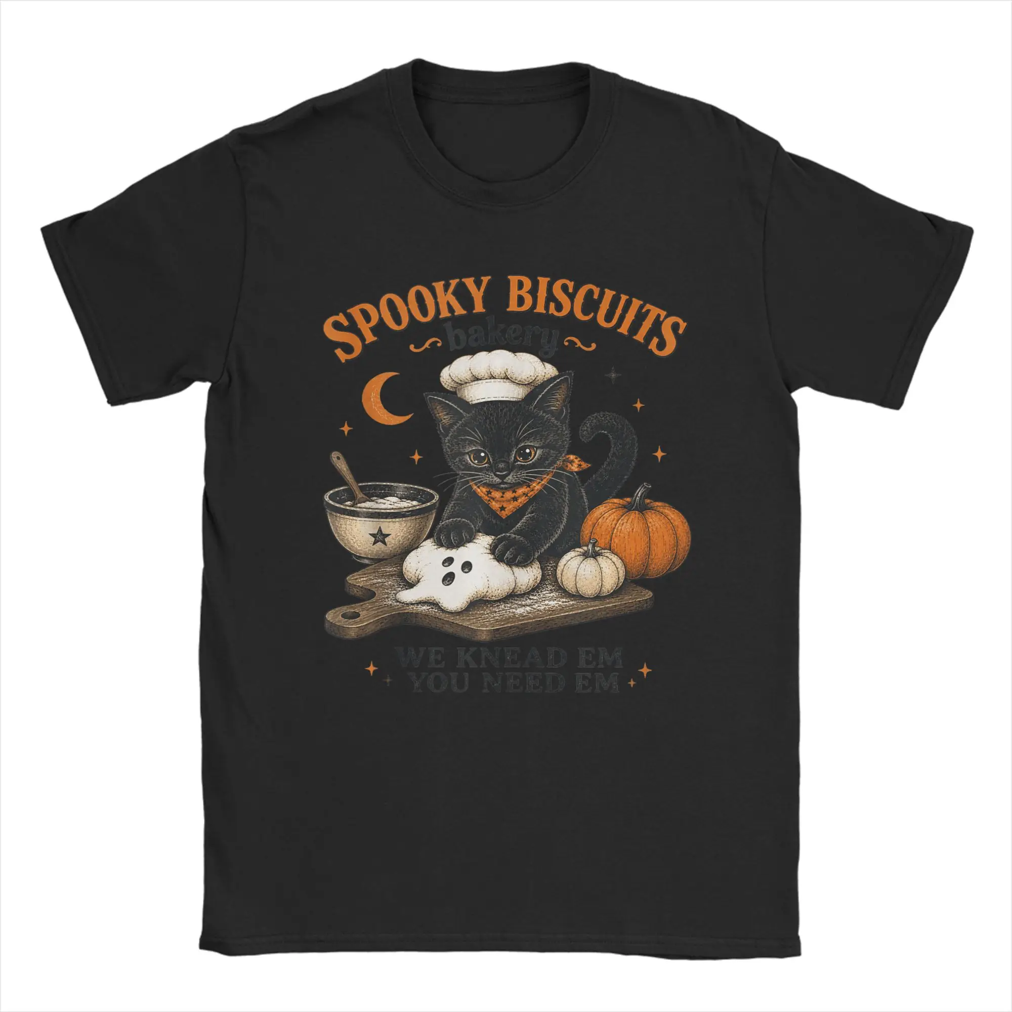 Spooky Biscuits Bakery Funny Black Cat Halloween Pumpkin T Shirt Men's  100% Cotton Funny T-Shirt Crew Neck Tees