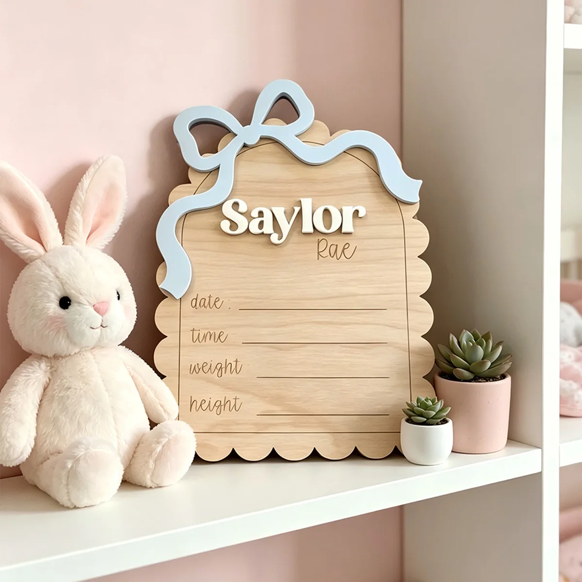 1Pc Custom Blue Bow Engraved Date Time Wooden Name Plaque,Home Room Office Wall Door Decor,DIY Paintable,Birthday Wedding Gift