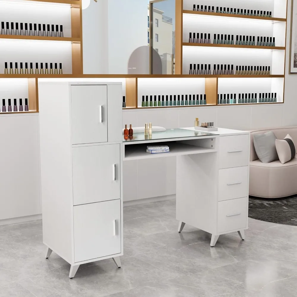 Nail table with glass top and wrist rest, 3 side cabinets+3 drawers+3 open cabinets+1 open drawer