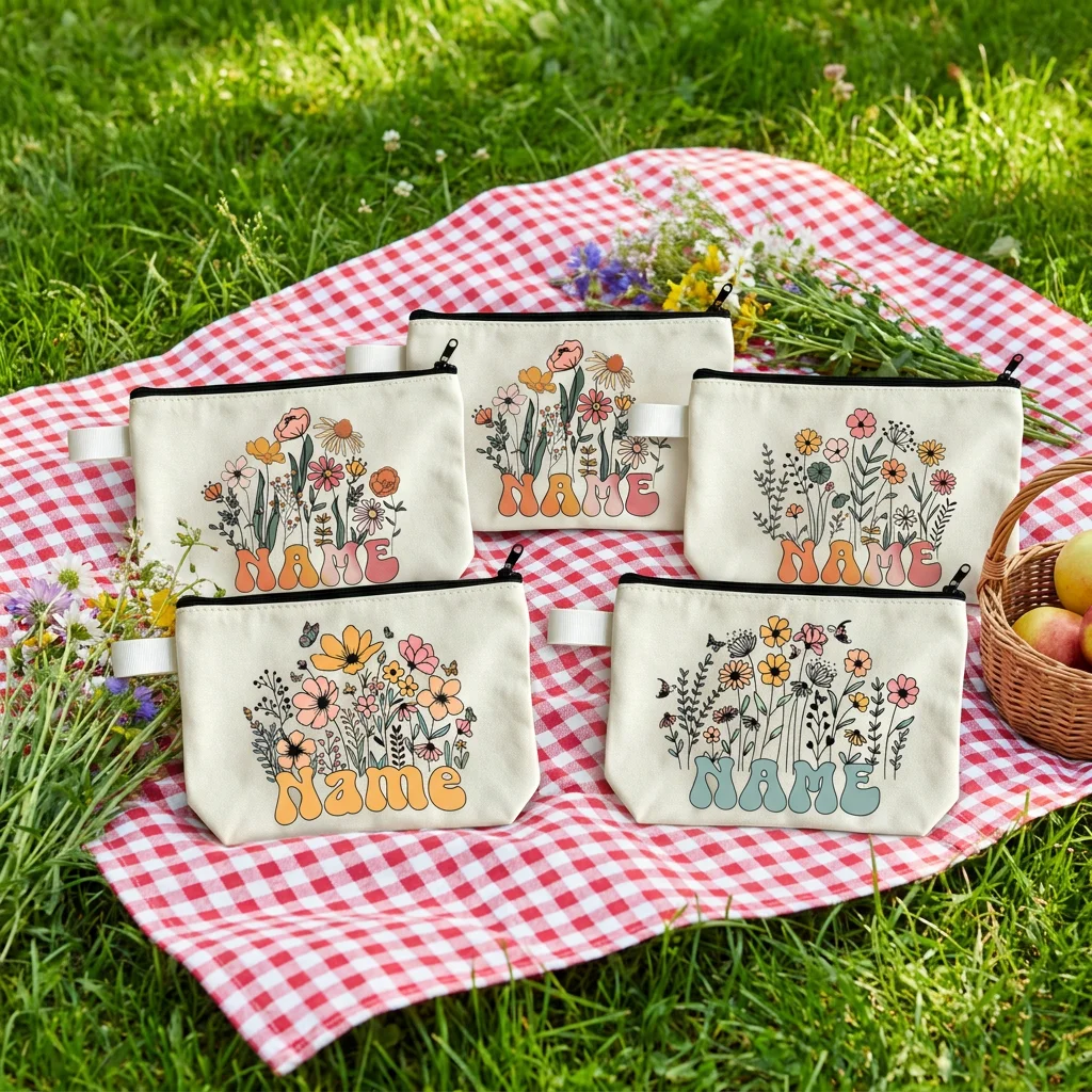 Flower Name Printing Cosmetic Bag Library Stationery Storage Bag Shopping Vacation Handicapt Storage Bag Unisex