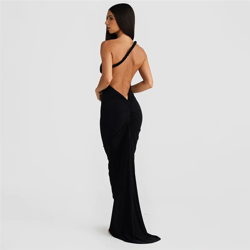 Sexy longue robe de soirée femmes printemps été nouveau Sle suspendu Ne Bal plissé moulante Dr européen Sle tenue décontracté