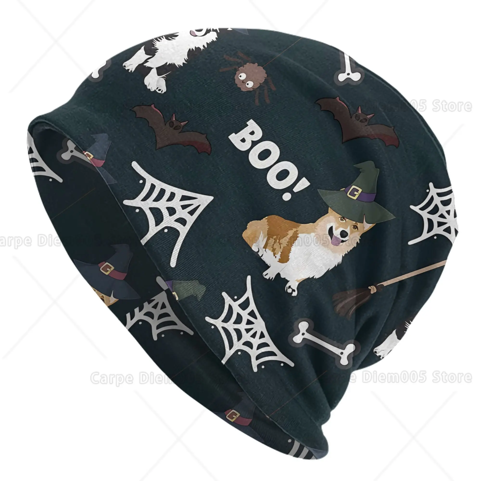 

Halloween Corgi Beanie Hat - Unisex Hip Hop Skull Cap with "BOO!" Design Witch Hat Bones Patterns Black Polyester