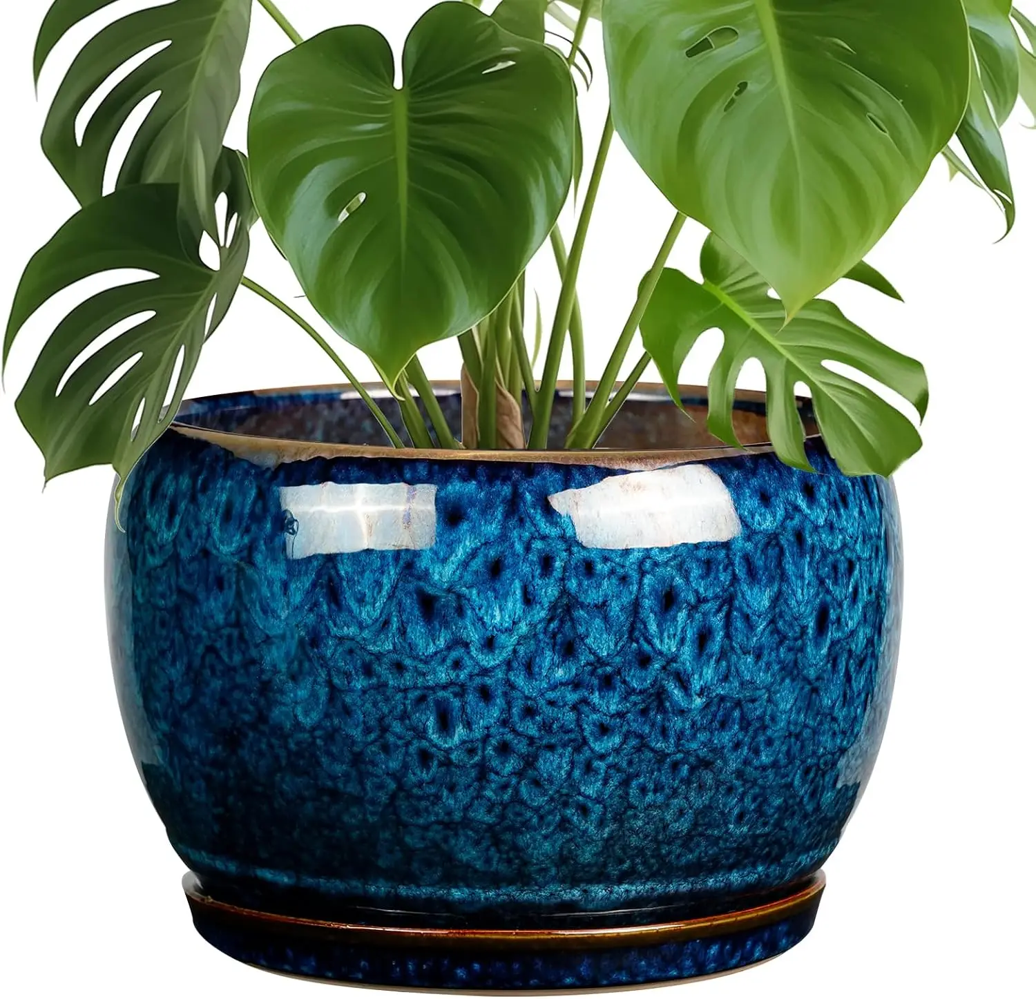 

10 Inch Ceramic Planter with Drainage Hole and Saucer, Blue Decorative Pot for Indoor Outdoor Plants