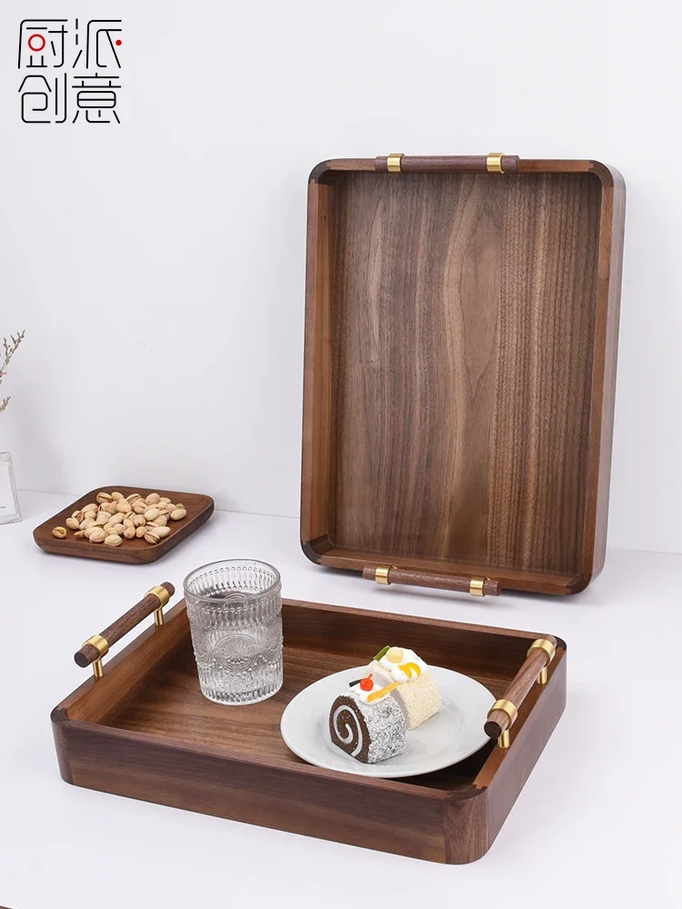 Solid wood tray rectangular creative household tea tray with handle high-grade walnut fruit storage tray new Chinese style