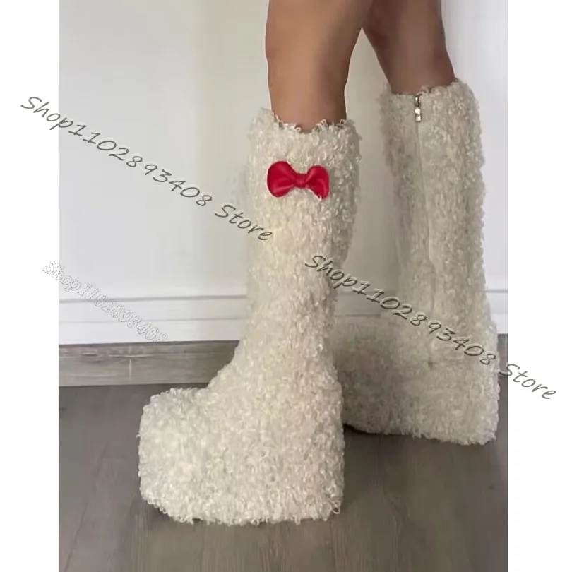 

White Butterfly Decor Sherpa Boots Platform Side Zipper Wedges Heels Boots Design Winter Warm Women Shoes Zapatos Para Mujere