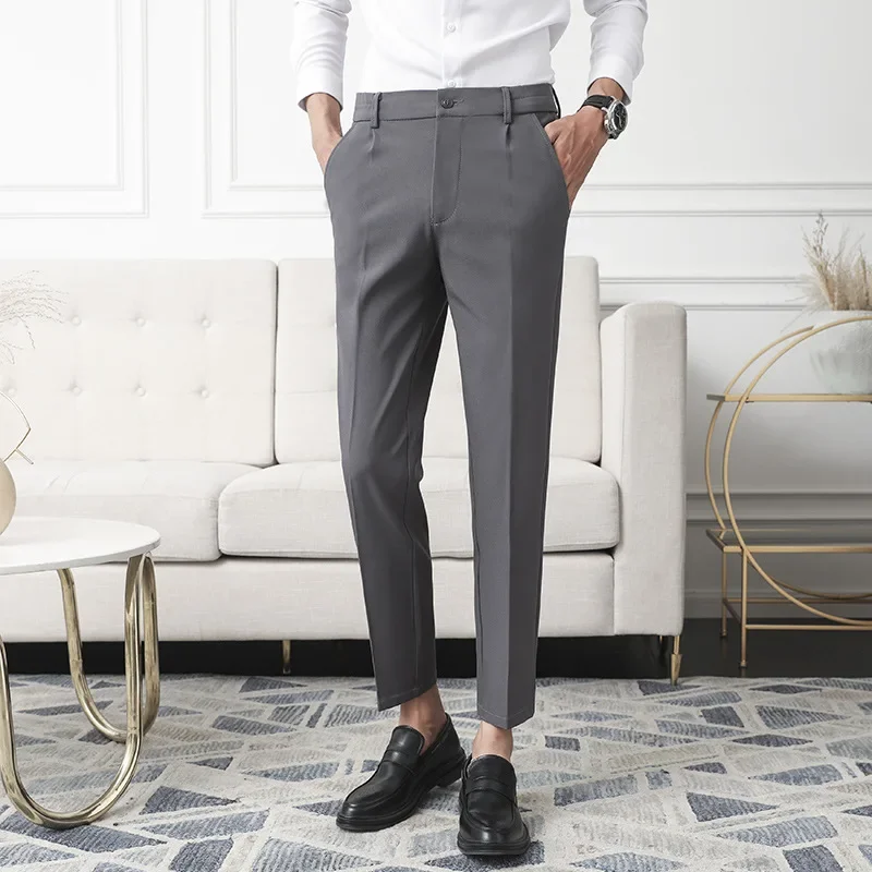 Slim Straight Non-iron Dress Pants Men Business Casual Little Feet Suit Pants Classic Black Apricot Dark Gray Male Trousers