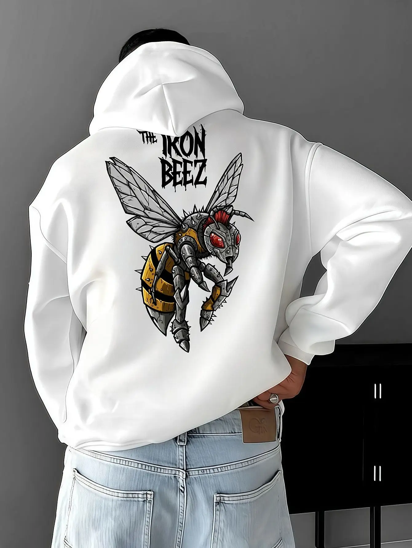 

Men's Fashion Hoodie, Loose with English and Bee Print, Stylish Casual Pullover for Autumn/Winter Outdoor Wear